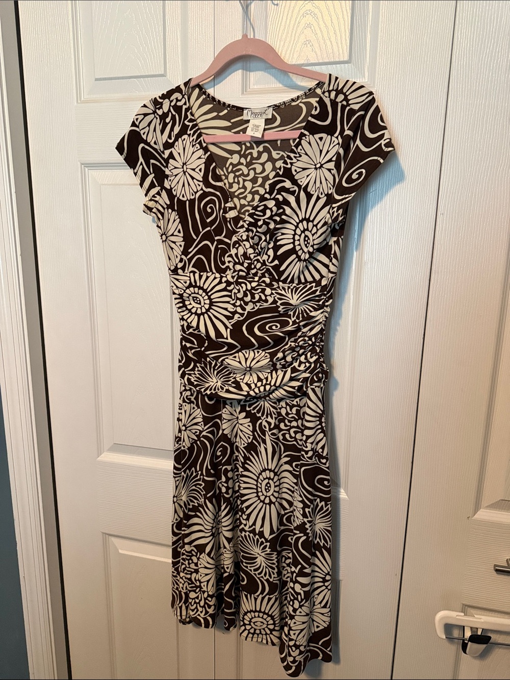 Floral Wrap-Style Midi Dress in Brown & Cream